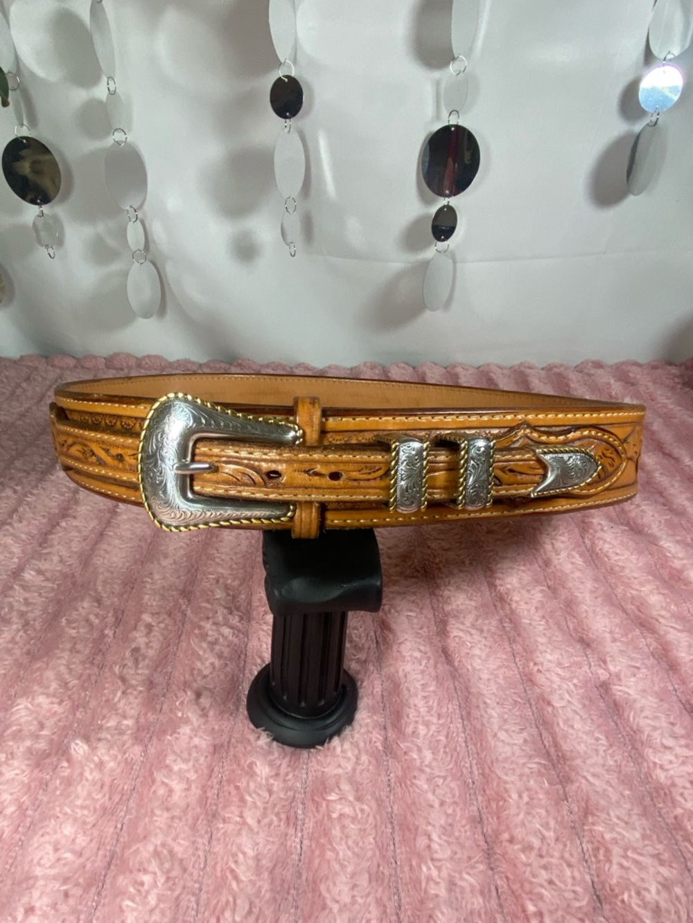 Handcrafted Tooled Leather Western Ranger Belt with Decorative Silver Buckle